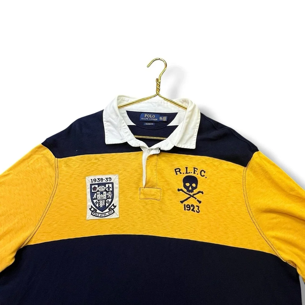 Polo Ralph Lauren RLFC Skull Bones Rugby Shirt Men's Size XXL Blue Yellow Crest